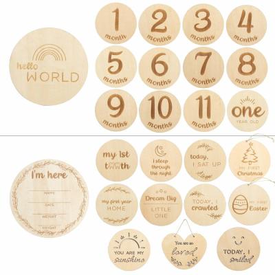 China Wood Customize Baby Monthly Milestone Card Wooden Double Sided Laser Engrave Discs Craft Cards with Drawstring Bag for sale