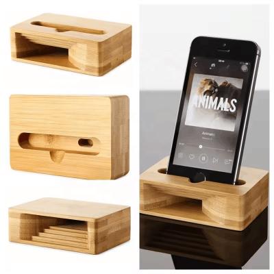 China Custom Bamboo Wooden Mobile Cell Phone Loud Speaker Portable Mobile Phone Stand Mini Amplifier for sale