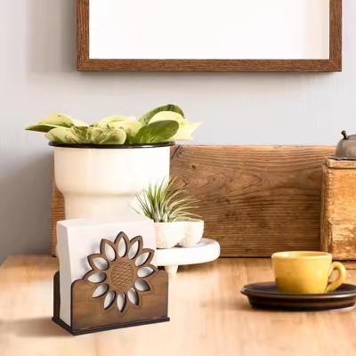 China New Creative Sunflower Carved Solid Wood Napkin Holder Stylish Wooden Tissue Dispenser for Restaurant Table Decoration for sale