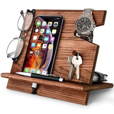 China Cell Phone Stand Watch Holder  Men Wood Mobile Base Nightstand Charging Docking Station Women Accessories Wooden Storage for sale