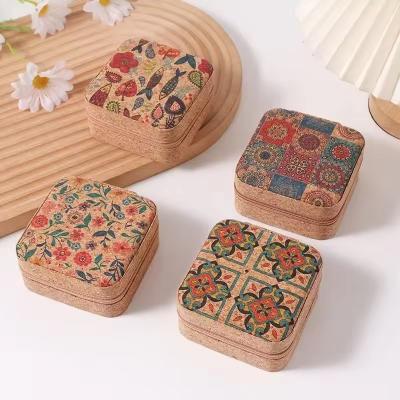 China Luxury vintage printed cork jewelry box Portable travel earrings ring necklace storage box for sale