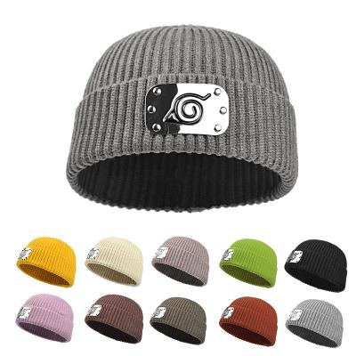 China 2020 winter casual trend men's Narut0 badge embroidery knitted warm soft elasticity hats fashion and beanies unisex accessories for sale