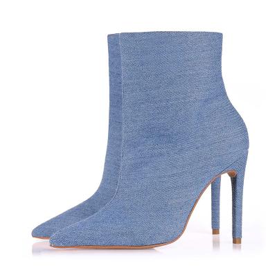 China Fashion Trend Designer Pointed Toe Party High Heels Shoes Blue Denim Women Boots Shoes for sale