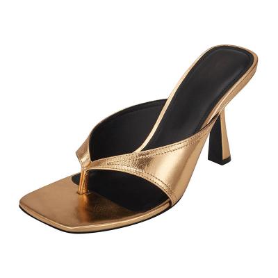 China Fashion Trend Customized Logo Golden Slip On Square Toe Dress Women Open Strap Slide Heeled Sandal for sale