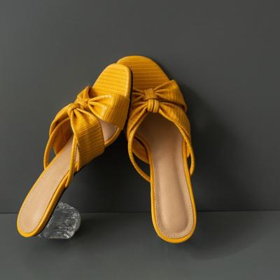 China Fashion Trend Bowknot Square Double Toe Slip On Chunky Women Clear Heels Yellow Transparent Slipper for sale