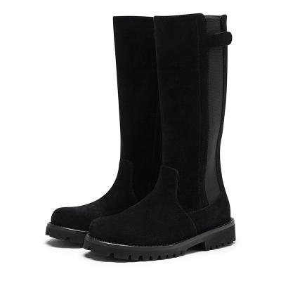 China Fashion Trend Factory Round Toe Slip On Winter Stylish Elastic Band Calf Black Suede Mid Boots For Women for sale