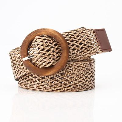 China High Quality Wholesale Style Buckle Waist Dress Band Women Straw Woven Elastic Stretch Waist Wooden Belt for sale