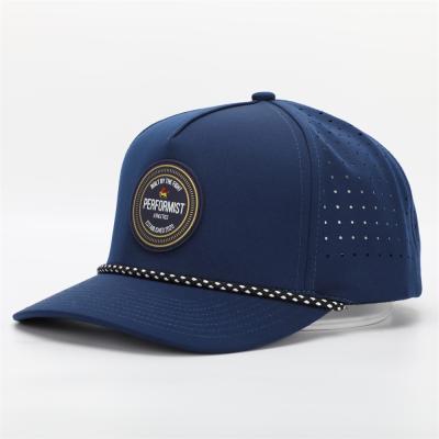 China Custom 5 Striped Panel JS Logo Rubber PVC Rope Baseball Cap, Waterproof Laser Cut Perforated Hole Cap, Curved Brim Navy Dad H for sale