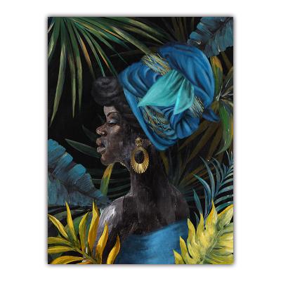 China Modern Hand Painted Portrait Oil Painting African Girl With Headdress Blue Home Decorative Wall Painting for sale