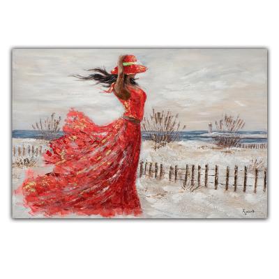 China Modern sea girl in a red dress and hat oil painting portrait hand painted decorative wall art custom made home original picture for sale