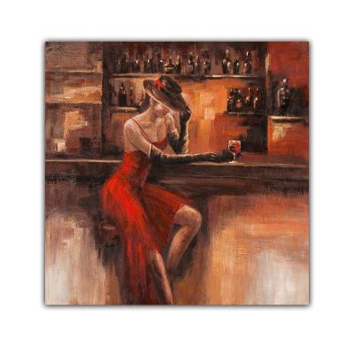 China Modern Elegant Portrait Oil Painting Girl With Red Dress And Black Hat Hand Made Artwork For Hotel Bars Home Decoration for sale