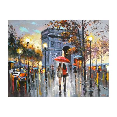 China Hot-selling Modern Romantic Paris Street View in the Rain Hand Painted Wall Painting for Hotel Bars Home Decor for sale