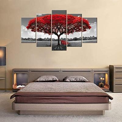 China JS 5 Panels Canvas Modern Wall Art Red Tree Picture Prints On Stretched Canvas Modern Landscape Painting Giclee Artwork for sale