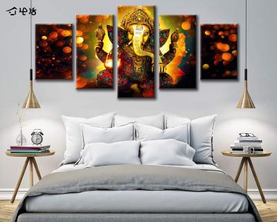 China JS Modern Extra Large Premium Quality Picture Canvas Wall Art - 5 Pieces Ganesha God Art Wall Home Decor HD Print Hindu Home for sale