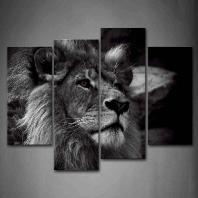 China Modern Black and White JS Lion Head Portrait Wall Art Painting Pictures Print on Canvas Animal Picture for Modern Home Decoration for sale