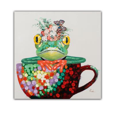 China Modern Wholesale Handmade Frog In Cup Animal Oil Painting With Frame Decorative Oil Painting For Wall Art for sale