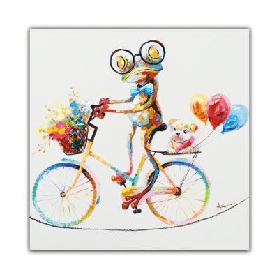 China Hot-selling Abstract Wall Painting Frog Riding Bicycle Animal Hand Painted Oil Painting Home Decorative Artwork for sale