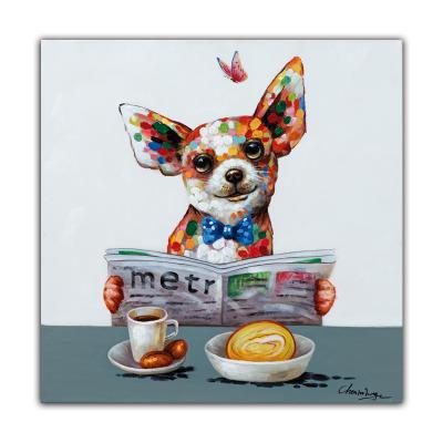 China Hand Painted High Quality Hand Painted Oil Painting Lovely Dog Abstract Reading Newspaper Animal Oil Home Decorative Wall Painting Artwork for sale