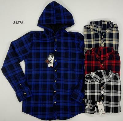 China Winter Streetwear Anti-Shrink Style Casual Dyed Plaid Men's Long Sleeve Hooded Shirt Woven Long Sleeve Shirt for sale