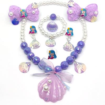 China High Quality New Children's Mermaid Princess Bow Hairpin Necklace Pearl Bracelet Girl Ear Clip Ring Set for sale