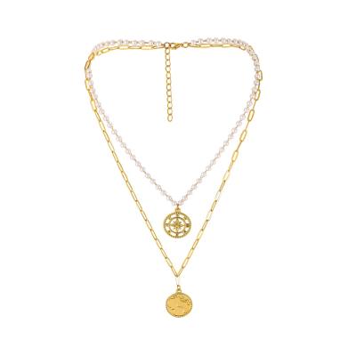 China High Quality Fashion Double Layer Retro Pearl Double Clavicle Chain Coin Figure Pendant Necklace Female for sale