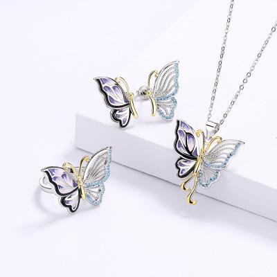 China FASHIONABLE Personalized Butterfly Jewelry Palace Gold Oil Painting Retro Butterfly Three Piece Set for sale