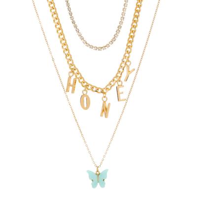 China Fashion 2021 hot selling simple European and American style temperament honey butterfly letter tassel faux stone necklace for sale