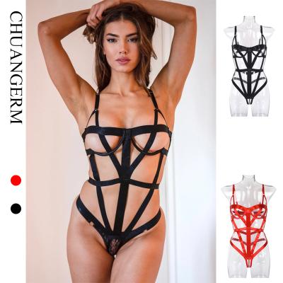 China 2022 Exotic Spandex/Amazon Hotsell Lingerie One Piece Cavity Sheer Nylon Gothic Black Criss Cross Bodysuit Lingerie Bandage Stripper Clothes for sale