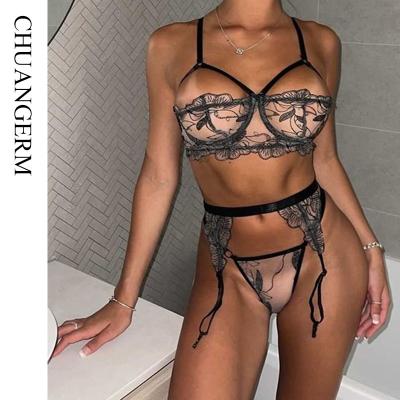 China 2022 new arrivals polyester lenceria underwear flower lace embroidery ladies sexy hot transparent lingerie sexy three piece set for sale