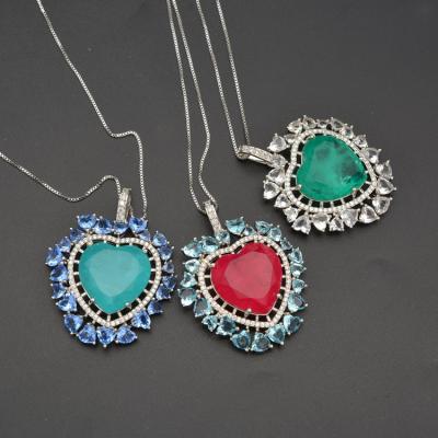 China Big CZ Vintage Green Red Blue Solid Round Heart Necklace Pendant Jewelry Gift for sale