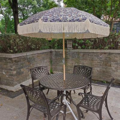 China Minimalist Custom Made Luxury Aluminum Beach Chair with Wooden Poles Fringed Beach Parasol Umbrella Cotton Tassels for sale