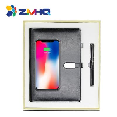 China Fashionable Colorful Stylish Financial Institutions Power Bank Notebook With Pen With Gift Box Wireless Charging for sale