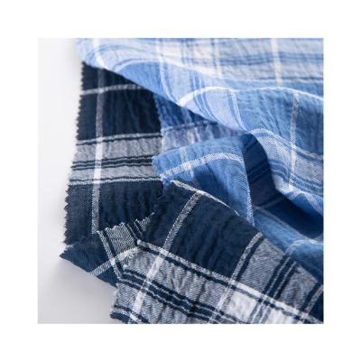 China Modern Design Breathable Plaid Fabric Cotton Elastane Fabric Blue White Crepe Fabric for sale