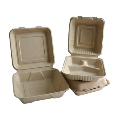 China 8 Inch Biodegradable Bagasse Sugar Cane Disposable Food Packaging Boxes 3 Compartment Container for sale