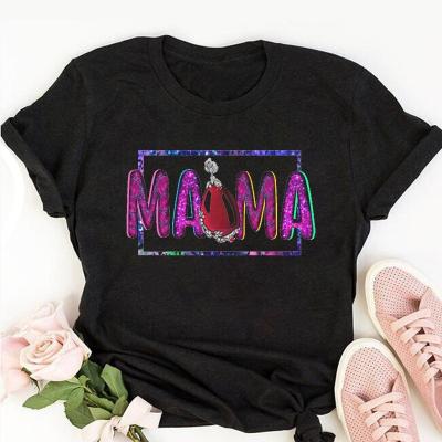 China Anti-Wrinkle Customize Logo Heat Transfer Print Mama Mother's Day Graphic Cotton Black White Short T-Shirts For Women for sale