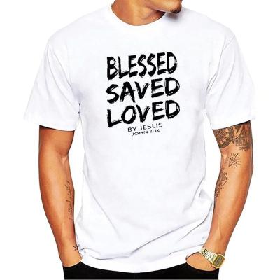 China Viable Wholesale New Summer Funny Christian Jesus Tee BLESSED SAVED LOVED Loose Fit Cotton Graphic Men T-Shirt for sale