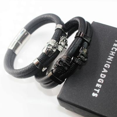 China 2021 New Religious Textured Skull Leather Bracelet BMZ Mark-position Leather Magnetic Clasp Bracelet Men New for sale