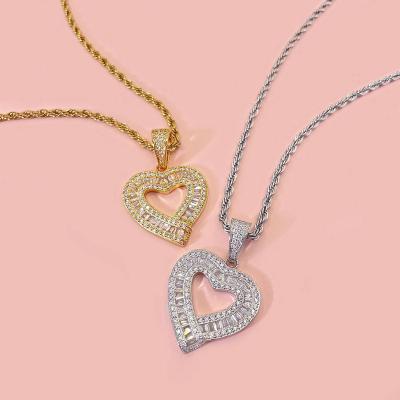 China Pendants or Charms Shape to Custom Jewelry Wholesale Gold Silver Jewelry Cubic Zirconia Baguette Heart Pendant Necklace for Women for sale