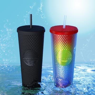 China Crystal Studded Cups With Lid Eco-Friendly & BPA FREE 24oz Custom Made Durian Coffee Plastic Tumbler Cup & Straw for sale