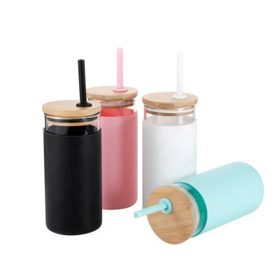 China Viable Customize Eco-Friendly Silicone Bamboo Sleeve Logo Lid Durable Borosilicate Glass Water Bottle for sale