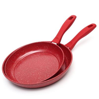 China Carton-Steel Single Bake Easy Stocked 2pcs Style Large Size Frying Pan Set With Red Ceramic Coating Chinese Pan Set Cookware Set for sale