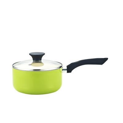 China Green color viable factory price glossy aluminum pressed cookware with black silicone painted handle for sale