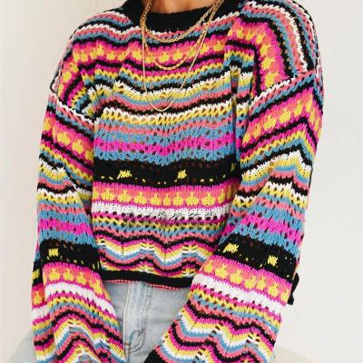 China New Arrival Anti-pilling Women's Sweater Rainbow Round Neck Loose Quilted Striped Sweater for sale