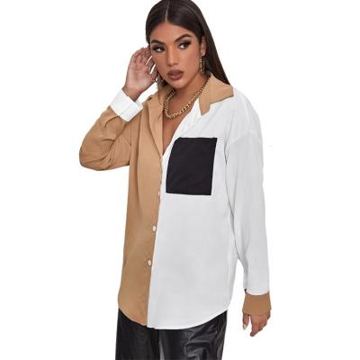 China New Arrival Contrast Color Anti-pilling Jacket Pocket Quilted Chiffon Long Sleeve Shirt For Women for sale