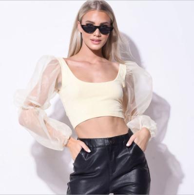 China Spring And Summer New Arrivals Womens Anti-pilling Mesh Quilting Long Sleeve Vest U-neck Crop Top for sale