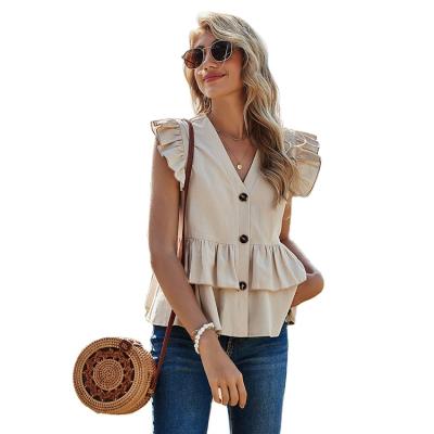 China Fashionable Women's Anti-pilling Shirts 2021 Summer Ladies Straight V-Neck Blouses Daily Life Sleeveless Tops for sale