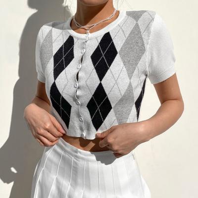 China contrast-breasted cool diamond-shaped short-sleeved high-waist style Anti-wrinkle college wool tops for sale