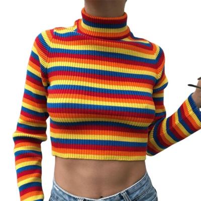 China New Fashion Anti-wrinkle Rainbow High Neck Slim Waist Stripe Long Sleeve Girls Short Sweater for sale