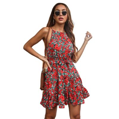 China Factory price anti-static high quality halter lace up floral print short dress ladies office style fashionable clothing for sale