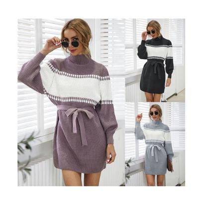 China New Design Anti-Static Knitted Half High Collar Lantern Sleeves Sweater Dress Color Matching Ladies for sale